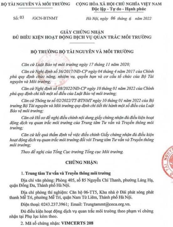 Giấy chứng nhận đủ điều kiện hoạt động Quan trắc môi trường - HÀ NỘI