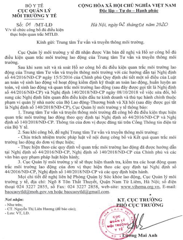 Giấy chứng đủ điều kiện Quan trắc Môi trường lao động