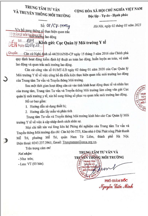 Chứng nhận Bổ sung  thông số quan trắc Môi trường lao động